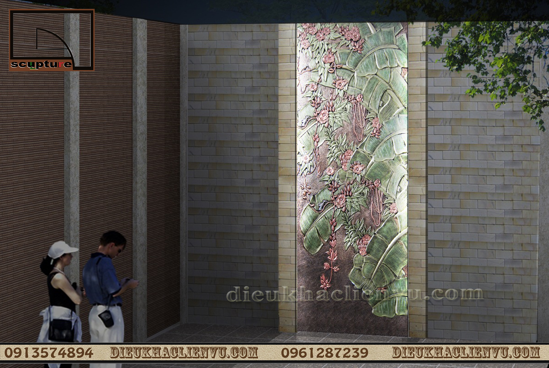 Bức ph&ugrave; đi&ecirc;u hoa l&aacute; chuối đẹp trong kh&ocirc;ng gian caf&eacute; s&acirc;n vườn